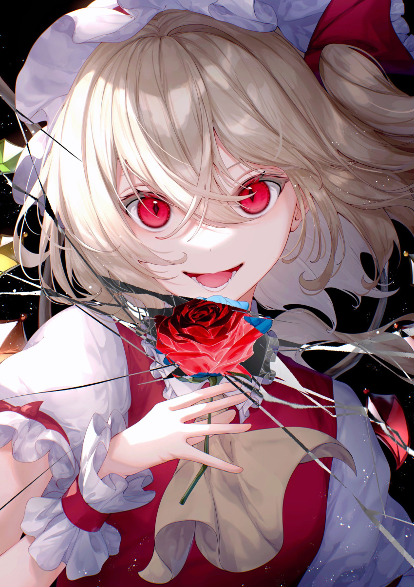 1girl, :d, absurdres, batory_ken, blonde_hair, blue_flower, blue_rose, bow
