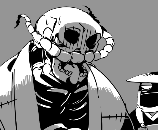 2boys, 770mk, centipede_boy, commentary_request, face_in_shadow, facial_hair, frog_boy, gloom_(expression)