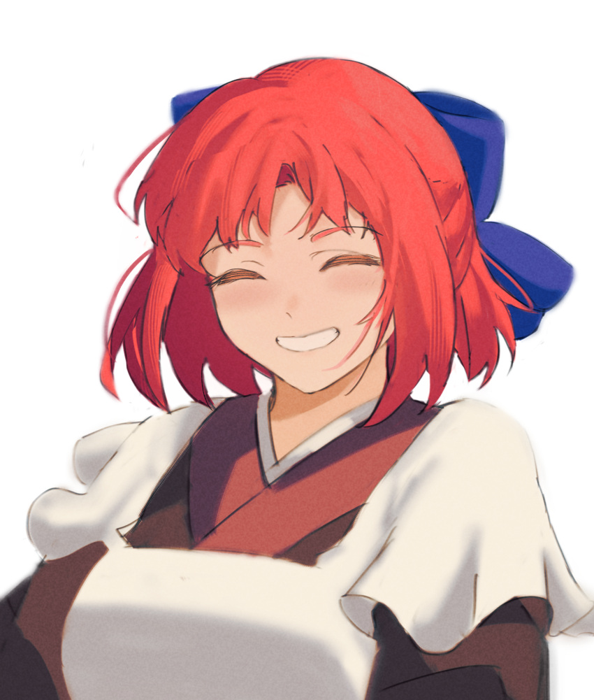 1girl, absurdres, apron, blue_bow, blush, bow, brown_kimono, closed_eyes, commentary, ezekquel, facing_viewer, grin, hair_bow, highres, japanese_clothes, kimono, kohaku_(tsukihime), maid, maid_apron, redhead, short_hair, simple_background, smile, solo, teeth, tsukihime, upper_body, wa_maid, white_apron, white_background