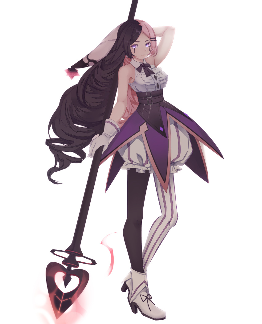 1girl, absurdres, arm_behind_head, asymmetrical_legwear, black_hair, boots, bubble_skirt, collared_dress