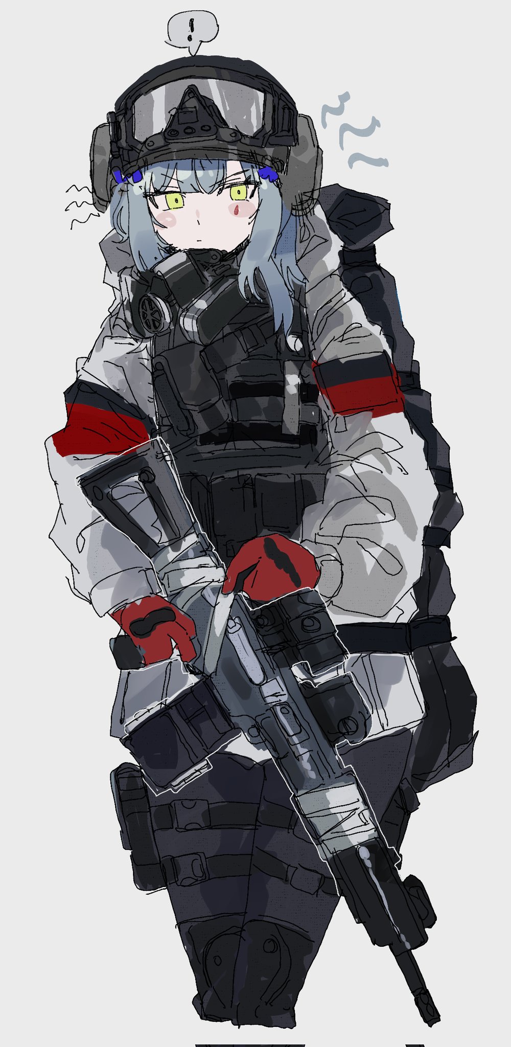 !, 1girl, arctic_camouflage, assault_rifle, bag, closed_mouth, cropped_legs, girls_frontline
