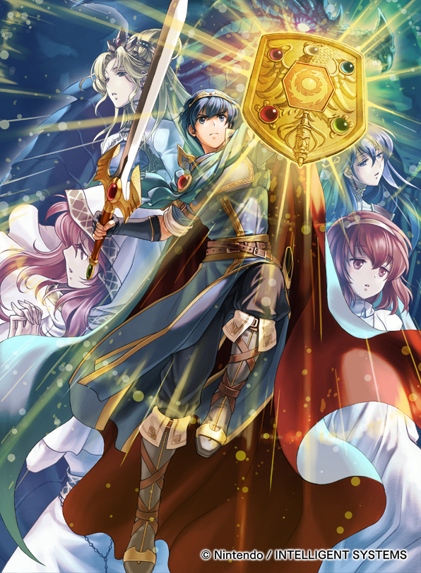1boy, 4girls, binding_shield, blonde_hair, blue_eyes, blue_hair, cape, commentary_request