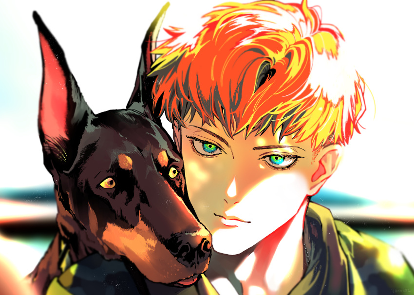 1boy, absurdres, animal, animal_on_shoulder, blue_eyes, blurry, blurry_edges, busujima_rio_mason