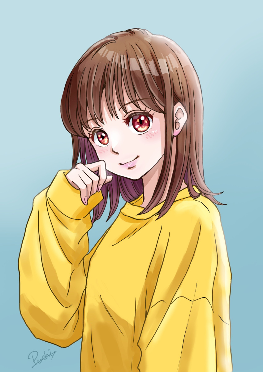 1girl, absurdres, artist_name, blush, brown_hair, gradient_background, grey_background, hand_up, highres, long_hair, long_sleeves, looking_at_viewer, original, puchi_iii, red_eyes, shirt, simple_background, smile, solo, yellow_shirt