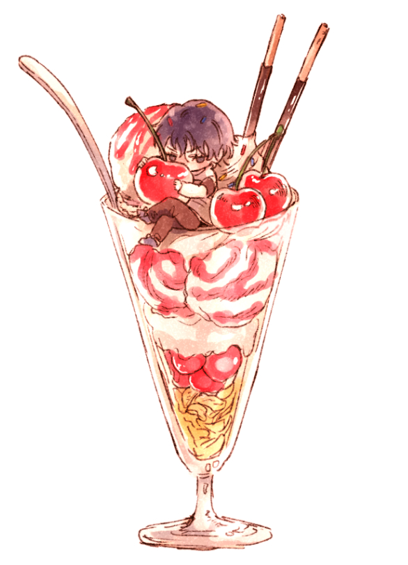 1boy, 3_1_21, cherry, chibi, cream, crossed_legs, food, food_on_head