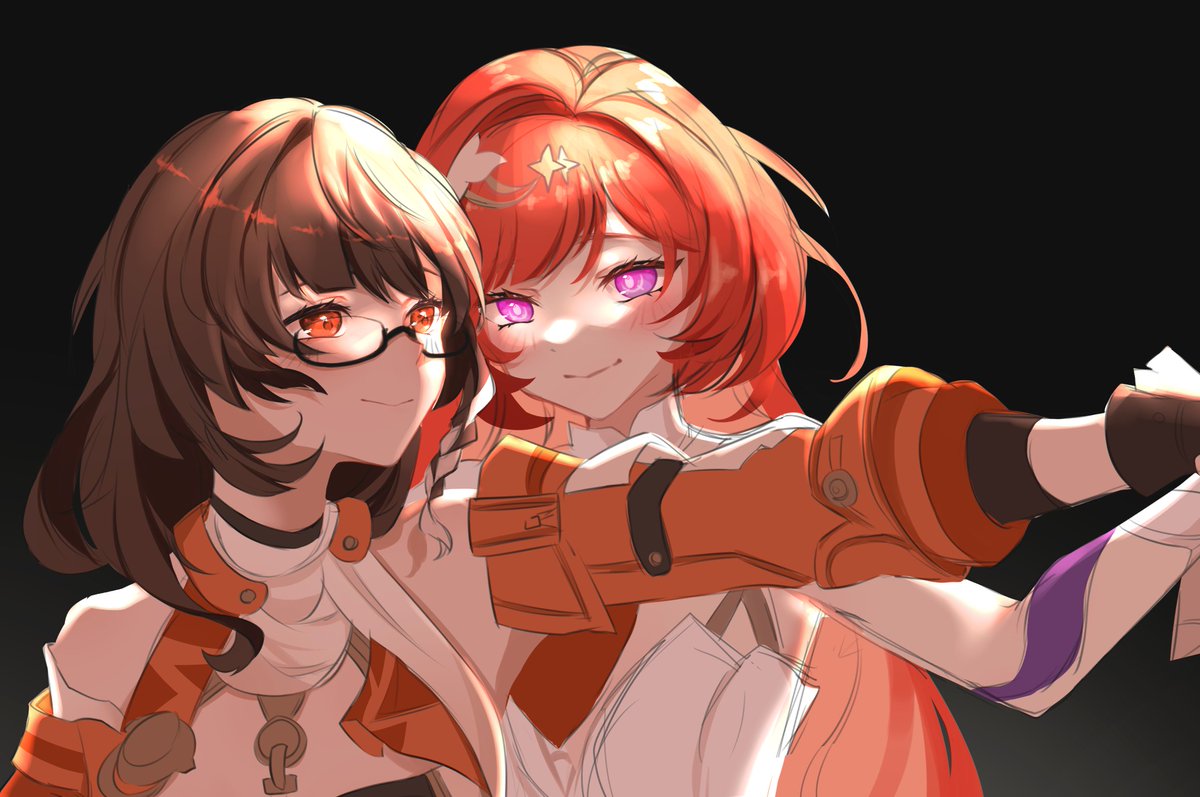 2girls, black_background, brown_hair, closed_mouth, commentary, dancing, english_commentary, entropy_(honkai_impact), female_dreamseeker_(honkai_impact), glasses, gradient_background, honkai_(series), honkai_impact_3rd, jacket, long_hair, multiple_girls, orange_jacket, semi-rimless_eyewear, senadina_(honkai_impact), smile, sushikosan122, violet_eyes, yuri
