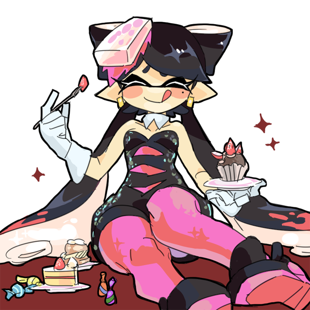 1girl, black_hair, cake, cake_slice, callie_(splatoon), cupcake, custard, dessert