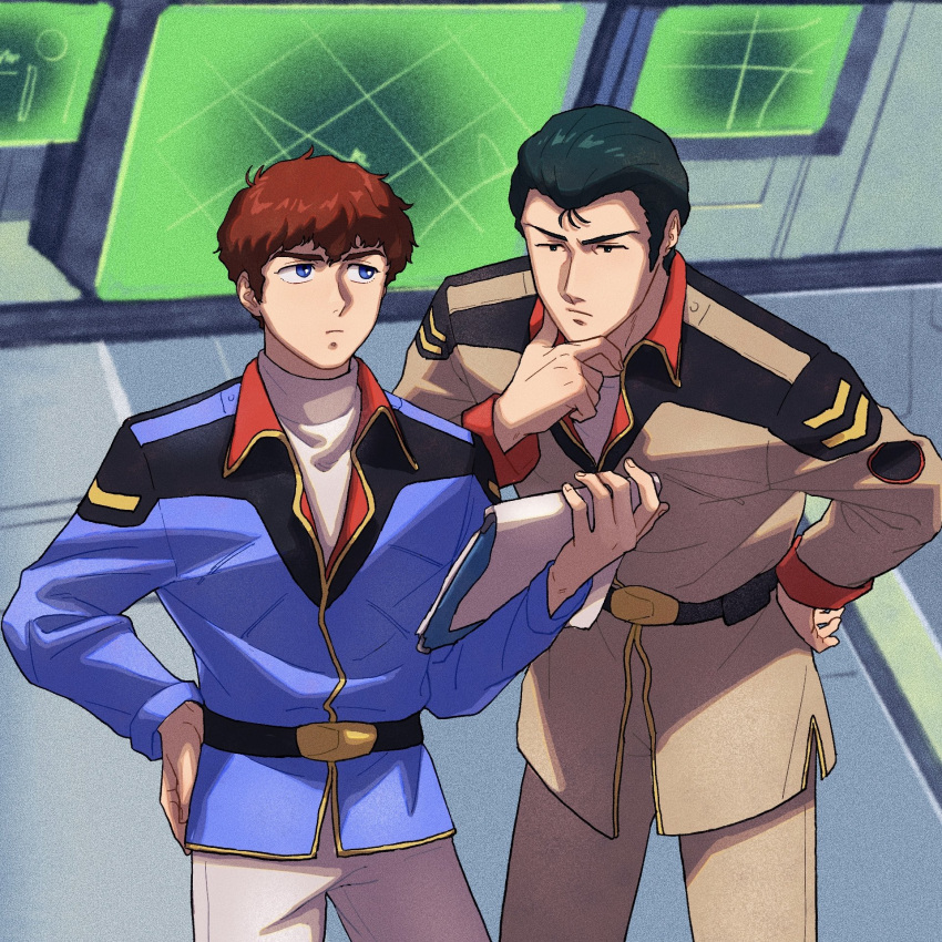 2boys, amuro_ray, belt, black_eyes, black_hair, blue_eyes, bright_noa, brown_hair