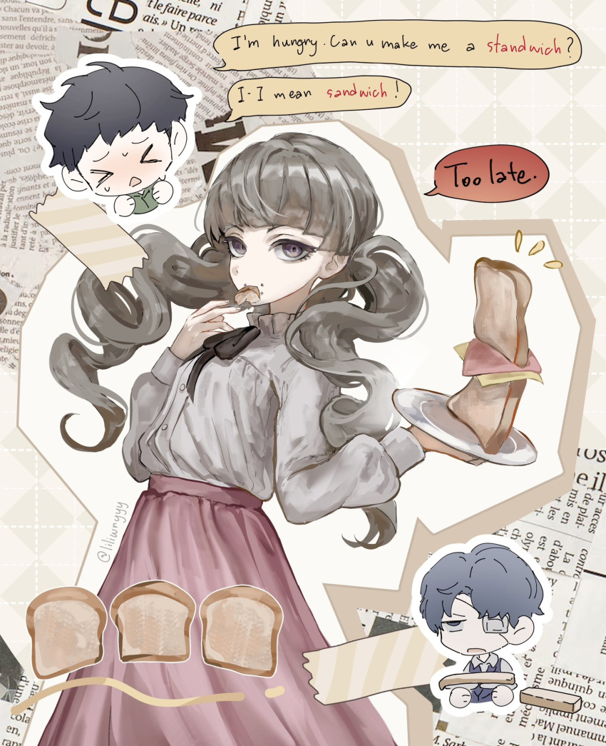 >_<, 1girl, 2boys, black_hair, black_ribbon, blue_hair, blunt_bangs, bread