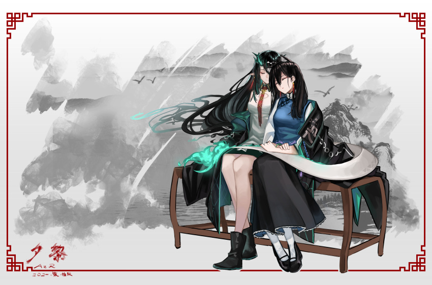 2girls, absurdres, animal_ears, aoki_(areek0okl), arknights, black_hair, cat_ears, cat_girl