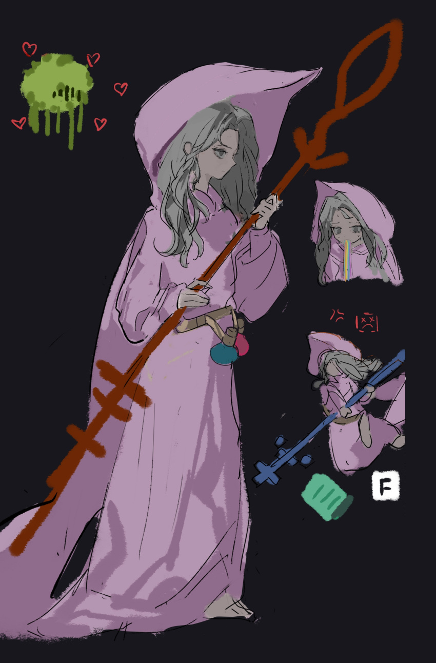 1girl, absurdres, anger_vein, black_background, commentary_request, flask, grey_eyes, grey_hair
