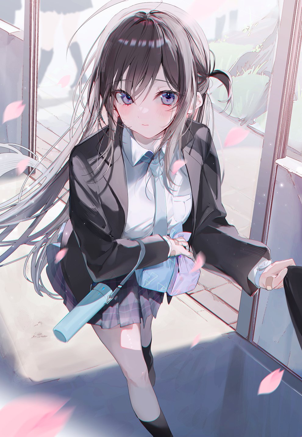 1girl, bandaid, bandaid_on_hand, black_hair, black_jacket, black_socks, blue_necktie, blush, cherry_blossoms, embarrassed, falling_petals, grey_eyes, grey_skirt, hallway, highres, holding, holding_thermos, jacket, long_hair, looking_to_the_side, lunchbox, miwano_rag, necktie, open_clothes, open_jacket, original, petals, pink_petals, pleated_skirt, raised_eyebrows, school, school_uniform, shirt, shirt_tug, skirt, socks, thermos, very_long_hair, walking, watch, white_shirt