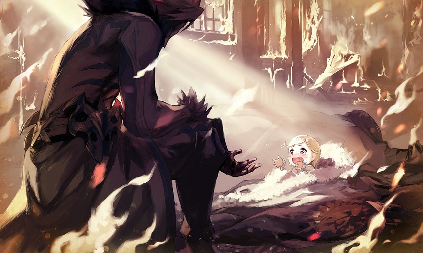1boy, 1girl, agatha_(dare_ga_tame_no_alchemist), aged_down, armor, baby, blonde_hair, burning, burning_building, dare_ga_tame_no_alchemist, fire, from_behind, full_armor, indoors, lying, official_art, on_stomach, rubble, second-party_source, sidelighting, violet_eyes, war