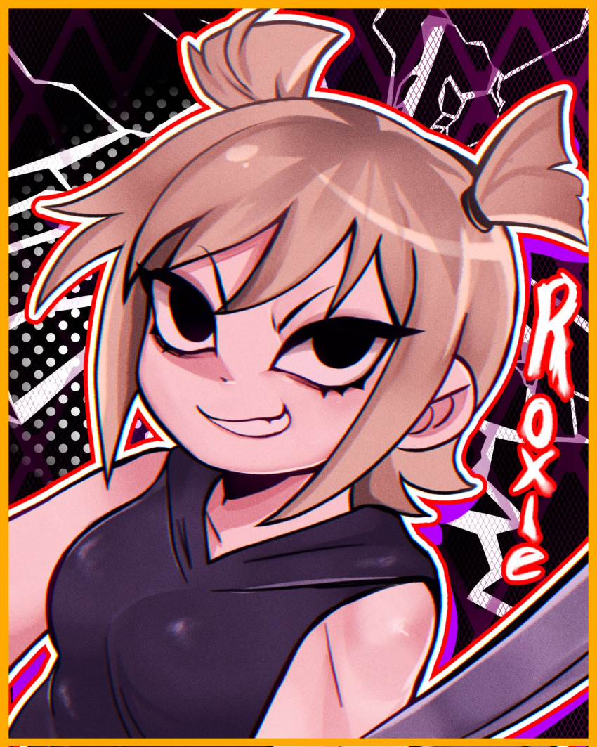 1girl, black_eyes, black_hoodie, blonde_hair, breasts, character_name, commentary, evygur0