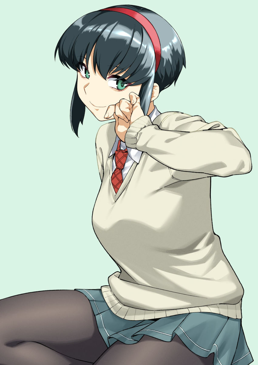 1girl, black_hair, collared_shirt, green_eyes, hairband, hatakenaka_(kamagabuchi), highres, kumashiro_sakuya