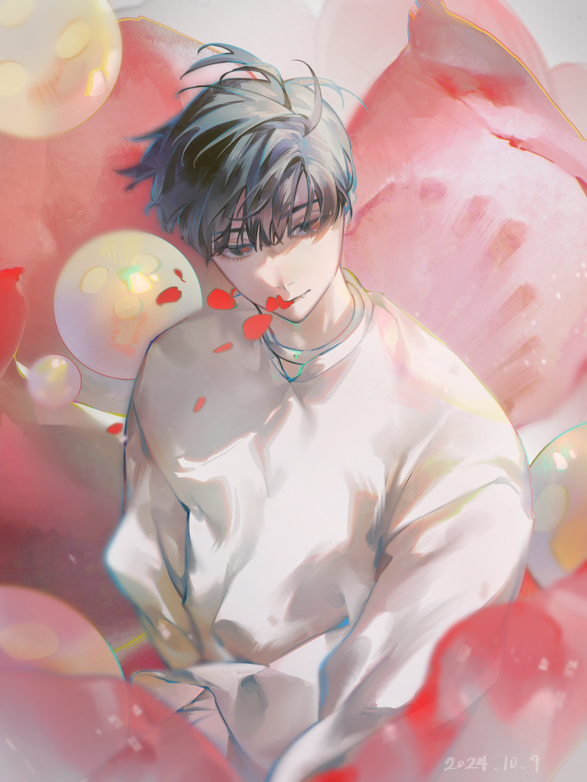 1boy, alien_stage, black_eyes, black_hair, choker, commentary, dated, english_commentary, fang, highres, ivan_(alien_stage), long_sleeves, looking_to_the_side, male_focus, procreate_(medium), red_petals, red_pupils, shirt, short_hair, solo, upper_body, very_short_hair, white_choker, white_shirt, you_yeyou0904