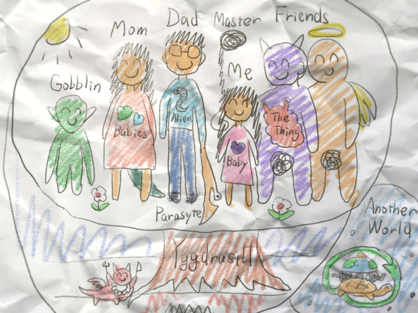 2girls, 4boys, ^_^, alien_(series), angel, angel_wings, bib, censored, cheating_(relationship), chestburster, child's_drawing, chimera, closed_eyes, closed_mouth, commentary_request, crossover, demon, earth_(planet), elephant, english_text, father_and_daughter, flower, fork, glasses, goblin, halo, holding, holding_fork, holding_knife, horns, implied_pregnancy, kiseijuu, knife, long_hair, meme, migi_(kiseijuu), mind_control, mommy_daddy_doggy_and_me_(meme), mother_and_daughter, multiple_boys, multiple_girls, nude, ouroboros, paper, pedophile, planet, shirosato, smile, snake, sun, tail, the_thing, tree, turtle, wings, yggdrasil