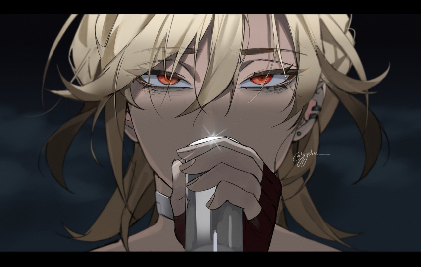 1boy, alien_stage, artist_name, blonde_hair, close-up, commentary, cosplay, derivative_work, ear_piercing, english_commentary, fingerless_gloves, genshin_impact, ggelus, gloves, hair_between_eyes, highres, holding, holding_microphone, kaveh_(genshin_impact), letterboxed, male_focus, microphone, piercing, red_eyes, scene_reference, screenshot_redraw, signature, silver_choker, solo, till_(alien_stage), till_(alien_stage)_(cosplay), twitter_username