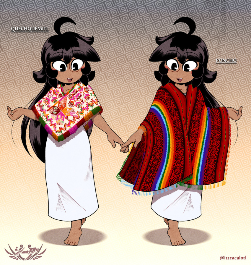 1girl, ahoge, artist_name, aztec, barefoot, black_hair, blush, brown_eyes