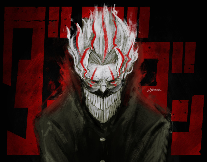 1boy, absurdres, alternate_form, black_jacket, buttons, commentary, copyright_name, covered_mouth