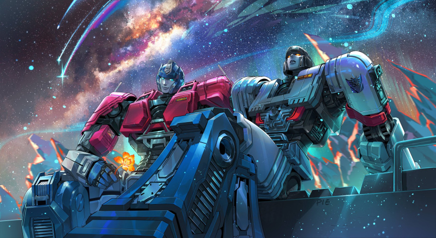 2boys, blue_eyes, d-16_(transformers_one), decepticon, flower, helmet, highres, holding