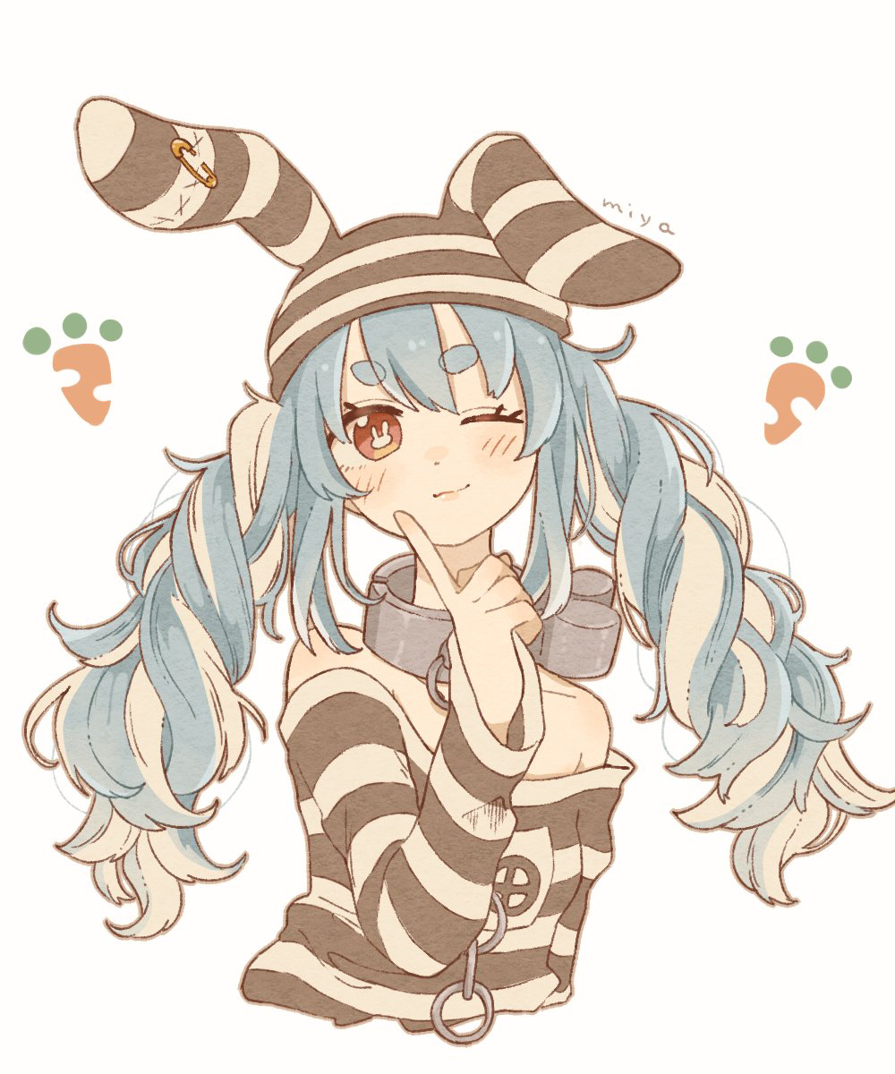 1girl, ;), animal_ears, artist_name, blue_hair, blush, carrot, chain