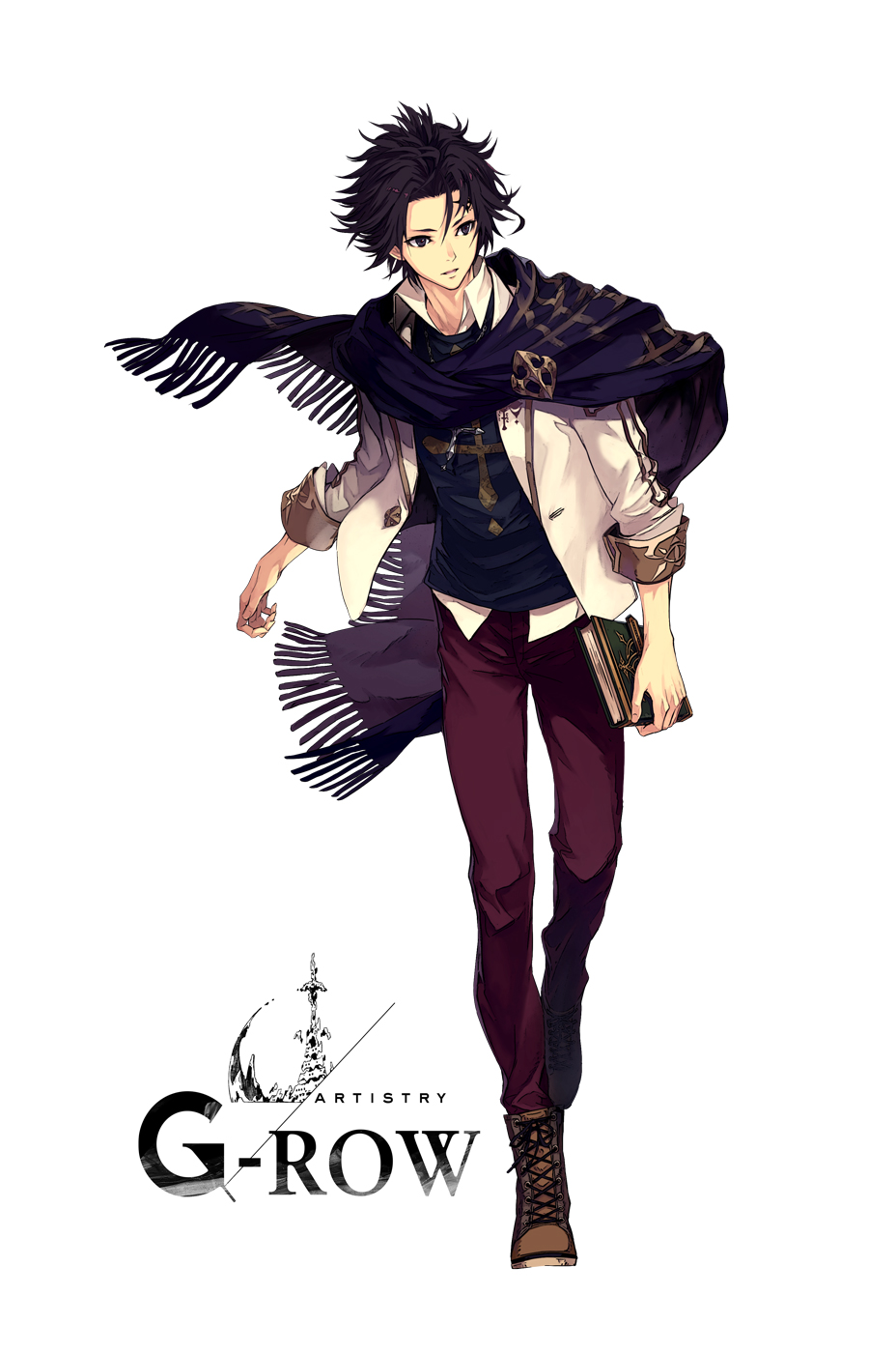 1boy, black_eyes, black_hair, book, brown_footwear, closed_mouth, collared_shirt, commentary_request