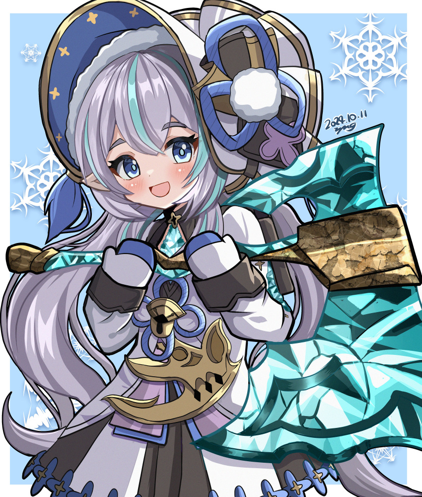 1girl, absurdres, axe, backpack, bag, bonnet, dress, granblue_fantasy