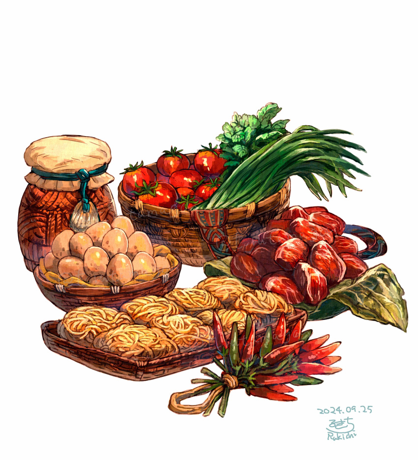 absurdres, basket, chili_pepper, chives, egg, food, food_focus, highres, jar, leaf, meat, no_humans, noodles, original, raw_meat, rukichi_(t_rutamagon), simple_background, still_life, tomato, vegetable, white_background