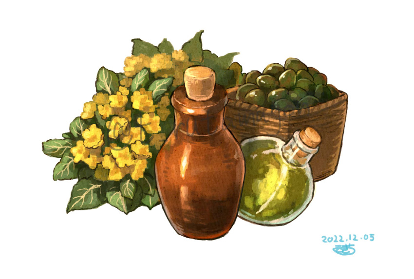 basket, cooking_oil, dated, flask, flower, highres, jar, liquid