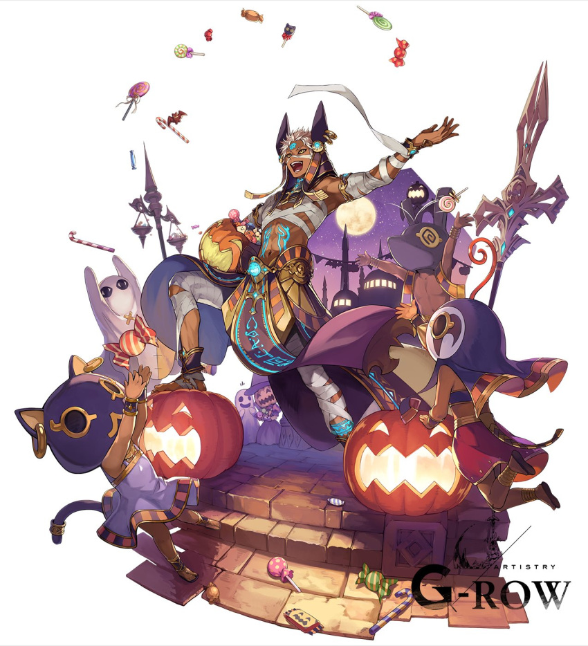 1boy, 6+others, :d, animal_ears, anubis_(mythology), anubis_(mythology)_(cosplay), balance_scale, bandages