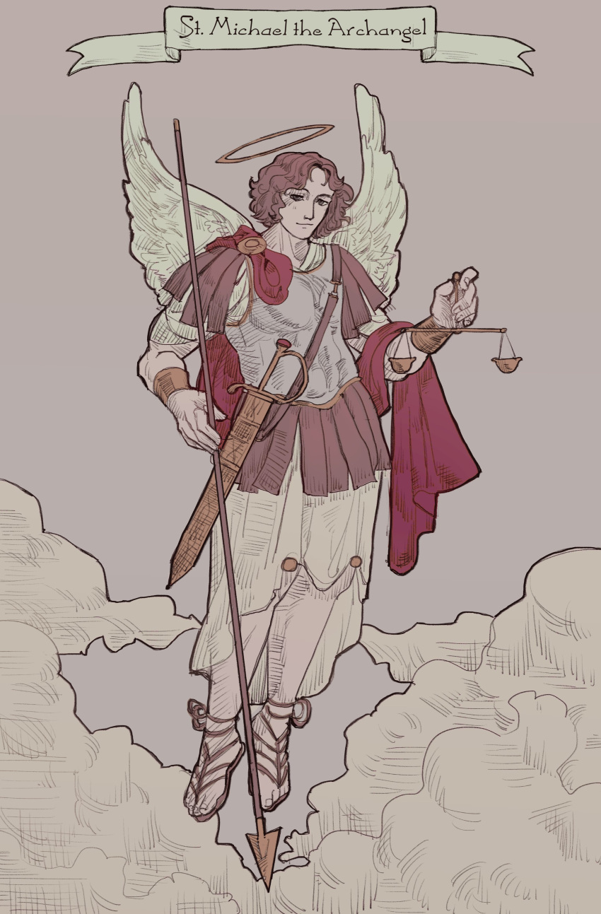 absurdres, angel, archangel_michael, armor, breastplate, brown_background, brown_eyes, brown_hair, cape, christianity, collarbone, highres, holding_scale, lance, polearm, robe, sandals, smile, sword, the_bible, toffee_32, weapon, wings
