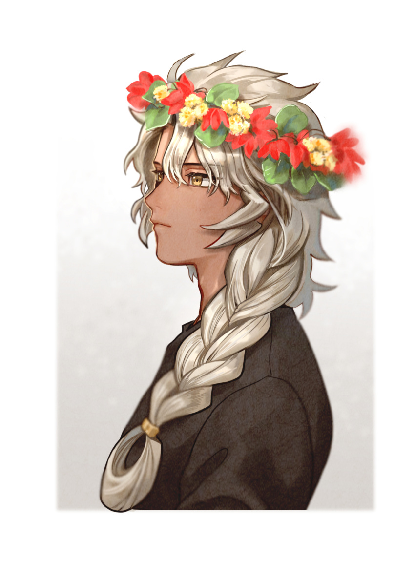 1boy, alternate_costume, black_shirt, border, braid, closed_mouth, dark-skinned_male, dark_skin, fate/grand_order, fate_(series), flower, from_side, grey_background, hair_over_shoulder, head_wreath, highres, light_smile, long_hair, male_focus, pen_(user_hjhs5877), red_flower, shirt, simple_background, single_braid, solo, solomon_(fate), white_border, white_hair, yellow_eyes, yellow_flower