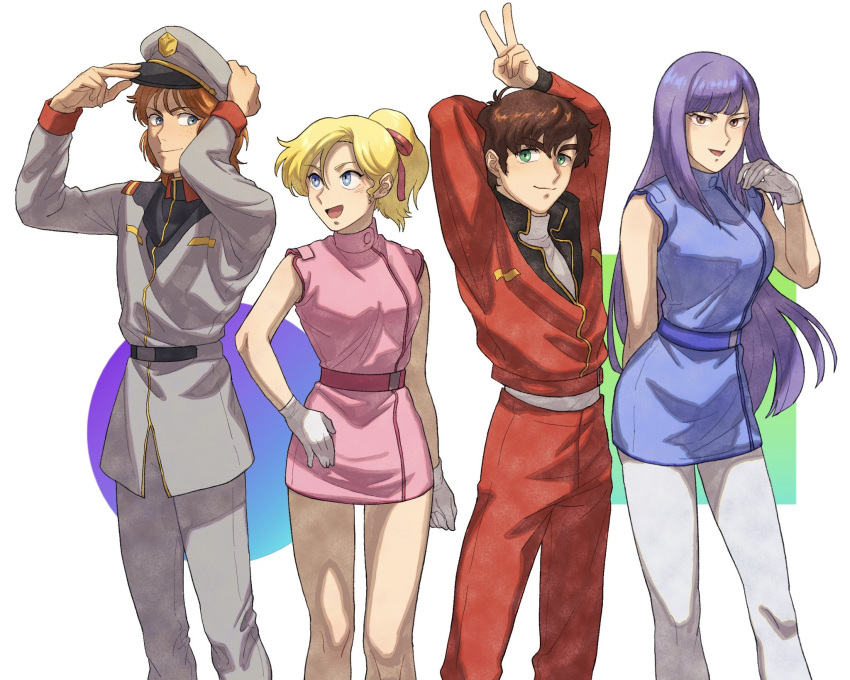 2boys, 2girls, adjusting_clothes, aeug, beecha_oleg, belt, blonde_hair, blue_eyes