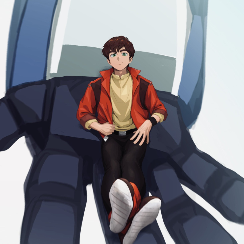 1boy, aeug, belt, brown_hair, carrying, commentary_request, fake_screenshot, green_eyes