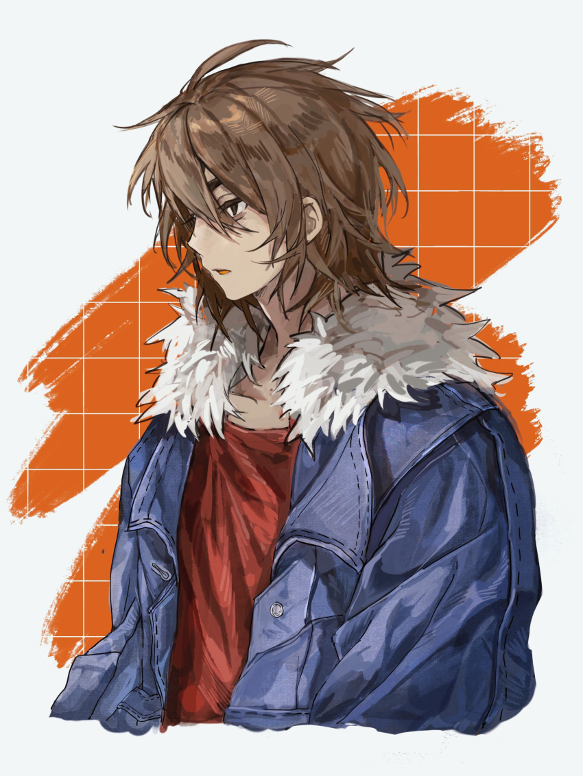 1boy, ahoge, alternate_eye_color, blue_jacket, brown_eyes, brown_hair, chinese_commentary, colored_eyelashes