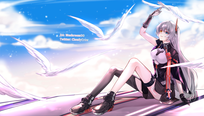 1girl, :d, absurdres, artist_name, bird, black_footwear, black_gloves, black_jacket, black_thighhighs, blue_eyes, blue_sky, breasts, cloudc, clouds, cloudy_sky, deviantart_username, dove, full_body, gloves, hair_ornament, heterochromia, highres, honkai_(series), honkai_impact_3rd, jacket, kiana_kaslana, kiana_kaslana_(void_drifter), long_hair, medium_breasts, open_mouth, orange_eyes, outdoors, single_thighhigh, sitting, sky, smile, solo, thigh-highs, twitter_username, very_long_hair, white_hair