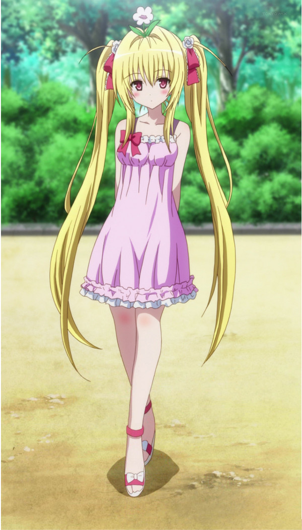 arms_behind_back, blonde_hair, blush, cap, contemporary, crossed_legs_(standing), dress, flower