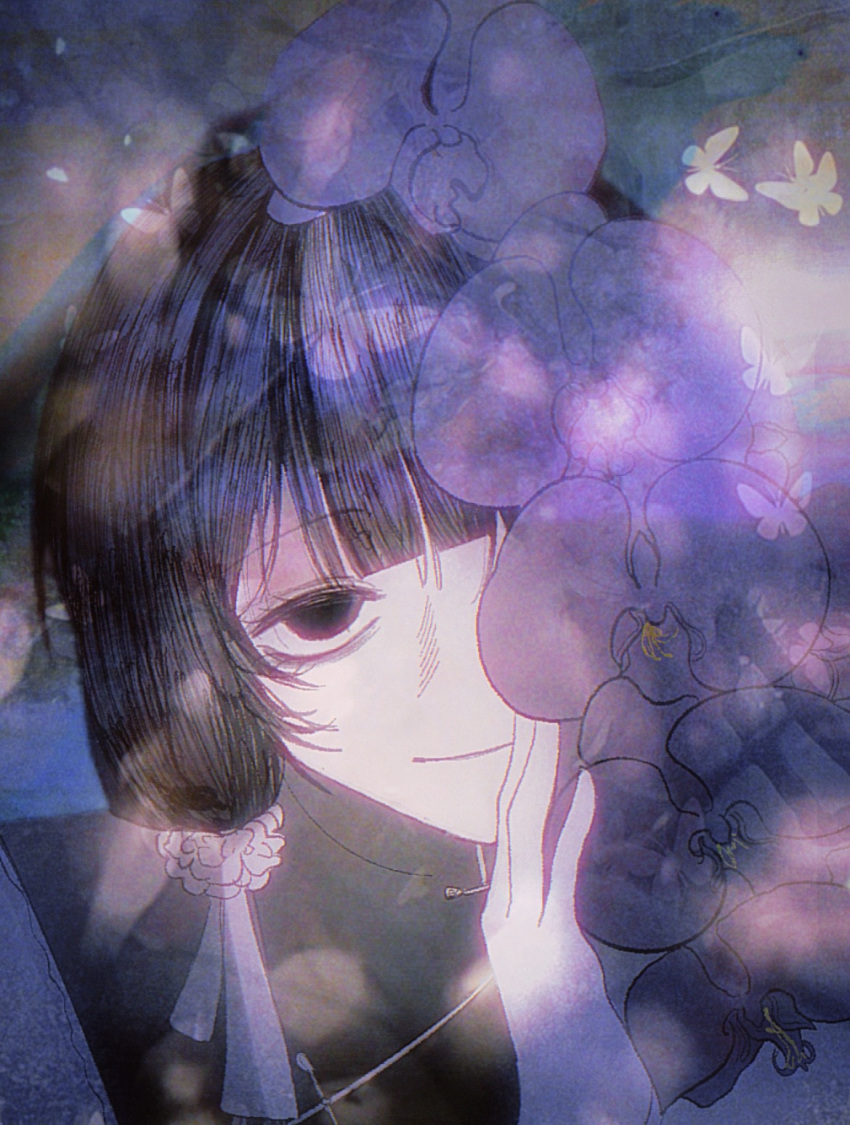 1girl, 87k2cs, black_eyes, black_hair, black_vest, bug, butterfly, center-flap_bangs