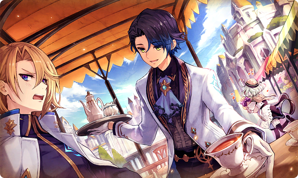1girl, 2boys, ankh_(dare_ga_tame_no_alchemist), ascot, blonde_hair, blue_ascot, blue_eyes, blue_hair, blue_sky, chair, clouds, commentary, cup, dare_ga_tame_no_alchemist, gino_(dare_ga_tame_no_alchemist), gloves, green_eyes, grey_shirt, hat, holding, holding_cup, jacket, long_sleeves, looking_at_another, lower_teeth_only, moa_(dare_ga_tame_no_alchemist), multiple_boys, musical_note, official_alternate_costume, official_art, open_mouth, outdoors, shirt, short_hair, sitting, sky, smile, standing, table, teacup, teeth, third-party_source, upper_teeth_only, walking, white_gloves, white_hair, white_jacket