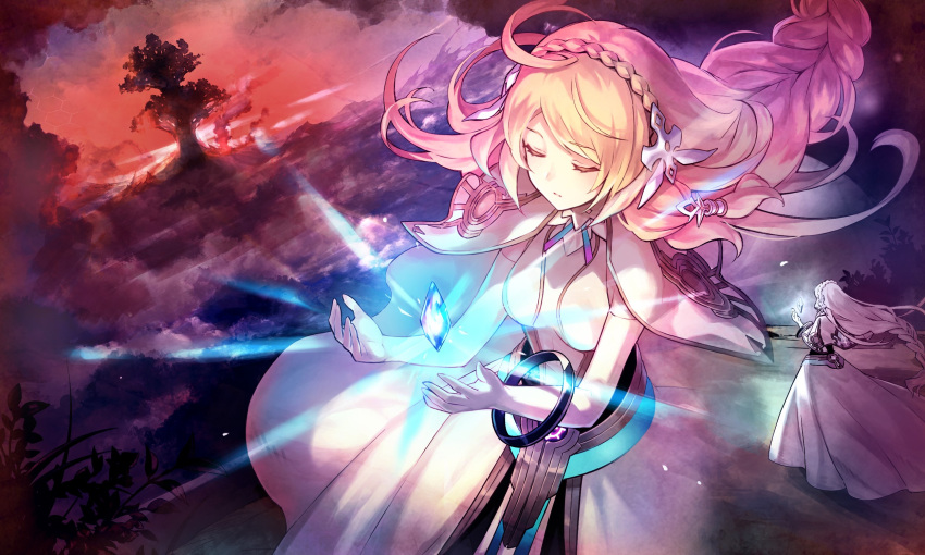 1girl, ahoge, blonde_hair, braid, cape, closed_eyes, closed_mouth, commentary, dare_ga_tame_no_alchemist, dress, elbow_gloves, emmel_(dare_ga_tame_no_alchemist), floating_gem, floating_hair, gloves, glowing_gem, hair_ornament, highres, long_hair, multiple_views, official_art, outdoors, praying, second-party_source, standing, tree, twilight, white_cape, white_dress, white_gloves