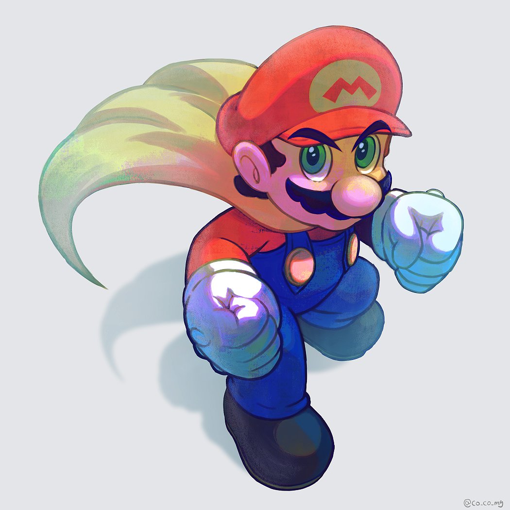 1boy, artist_name, black_footwear, blue_eyes, blue_overalls, blue_pants, brown_hair, cape, cape_mario, clenched_hands, co_co_mg, facial_hair, gloves, hat, long_sleeves, looking_at_viewer, male_focus, mario, mustache, overalls, pants, red_hat, red_shirt, shadow, shirt, shoes, short_hair, simple_background, solo, standing, super_mario_bros., super_mario_world, twitter_username, v-shaped_eyebrows, white_background, white_gloves, yellow_cape