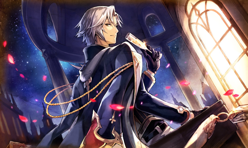 1boy, alcohol, arm_support, belt, black_belt, black_gloves, blue_jacket, blue_shirt, champagne, closed_mouth, commentary, cup, dare_ga_tame_no_alchemist, gloves, grey_hair, highres, holding, holding_cup, jacket, jacket_on_shoulders, long_sleeves, looking_at_viewer, male_focus, night, night_sky, official_alternate_costume, official_art, pants, red_petals, second-party_source, shirt, sky, solo, standing, white_pants, yellow_eyes, zain_(dare_ga_tame_no_alchemist)