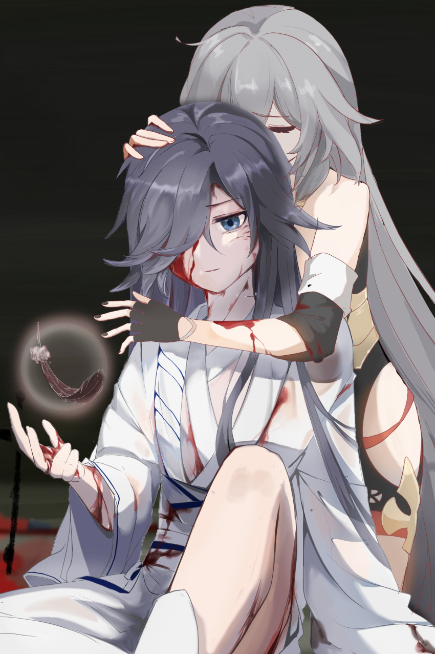 2girls, absurdres, black_feathers, black_gloves, black_nails, black_sky, blood, blood_on_arm