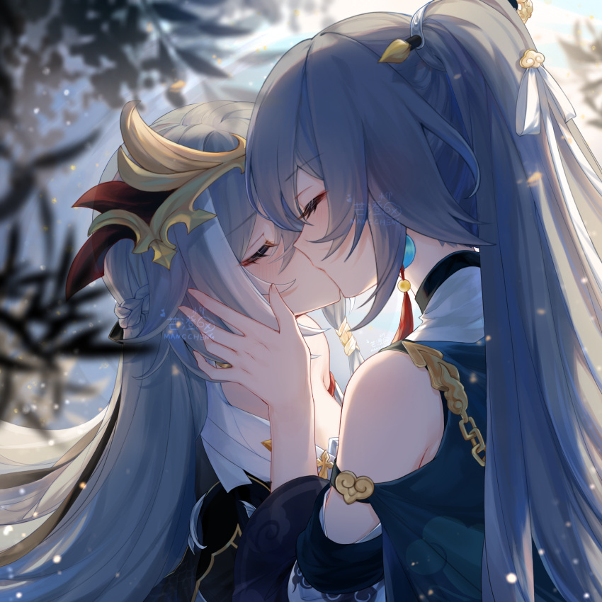 2girls, braid, chinese_commentary, chinese_hairpin, closed_eyes, commentary, dress, fu_hua
