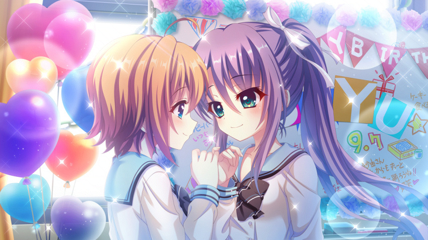 2girls, ahoge, aqua_eyes, balloon, birthday, black_bow, blue_eyes, blue_sailor_collar