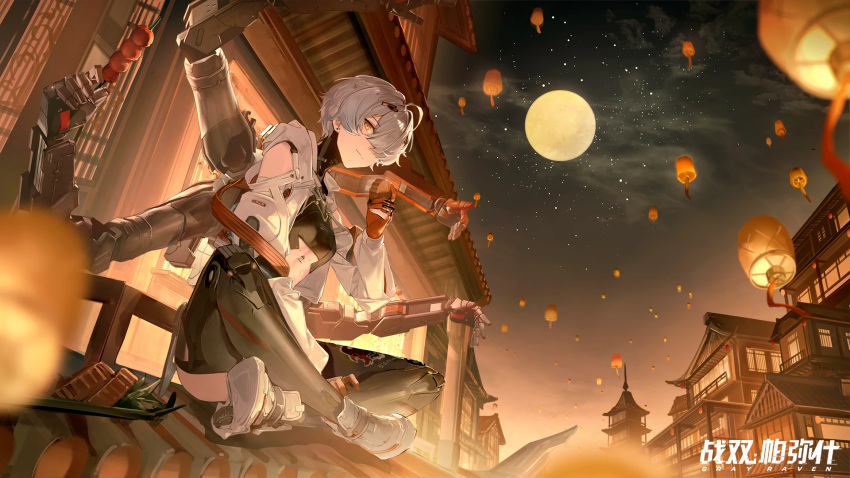 artist_request, birthday, crop_top, crossed_legs, extra_arms, full_moon, grey_hair, happy_birthday