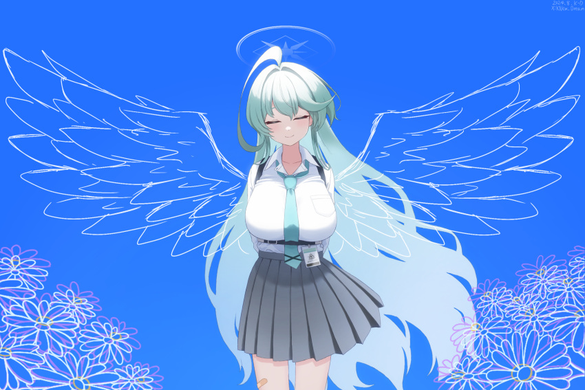 1girl, aqua_hair, aqua_necktie, bandaid, bandaid_on_leg, bandaid_on_thigh, blue_archive, blue_background