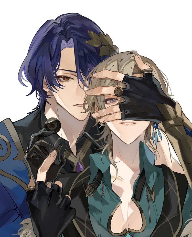 2boys, all1713676, aqua_shirt, aventurine_(honkai:_star_rail), black_gloves, black_shirt, blonde_hair, blue_hair, clothing_cutout, coin, collared_shirt, commentary_request, covering_another's_eyes, dr._ratio_(honkai:_star_rail), fingerless_gloves, gloves, green_eyes, holding, holding_coin, honkai:_star_rail, honkai_(series), looking_at_viewer, male_focus, multicolored_eyes, multiple_boys, red_eyes, shirt, short_hair, simple_background, smile, violet_eyes, white_background