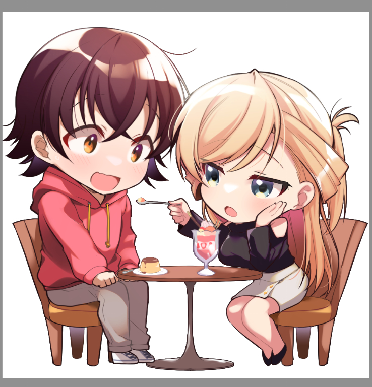 1boy, 1girl, araragi_ayune, bare_shoulders, black_shirt, blonde_hair, border, breasts
